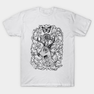 Deer with flowers - Black and White drawing - Spirt animal stag. T-Shirt